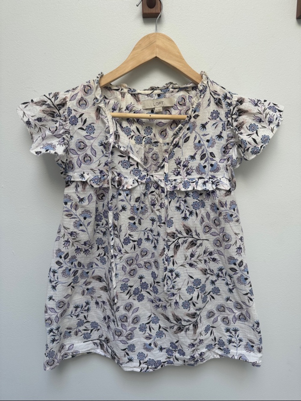 LOFT Blue and Cream Floral Ruffled Peasant Blouse